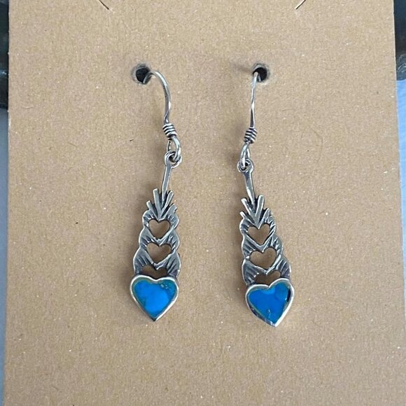 Sterling Silver 925 1.5" Turquoise Cut Out Heart Dangle Earrings - Picture 3 of 16